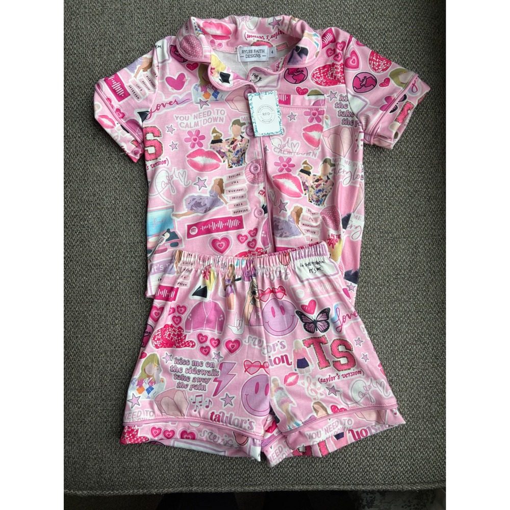 Rylee Faith Designs Kids Pink Swiftie Inspired Pajama Set Size 4 NWT